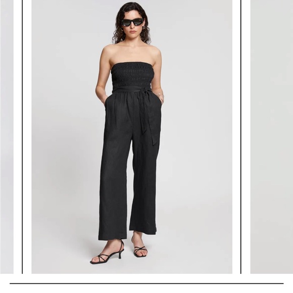 & Other Stories Pants - & other stories black linen strapless smocked  bodice jumpsuit belted wide leg 8